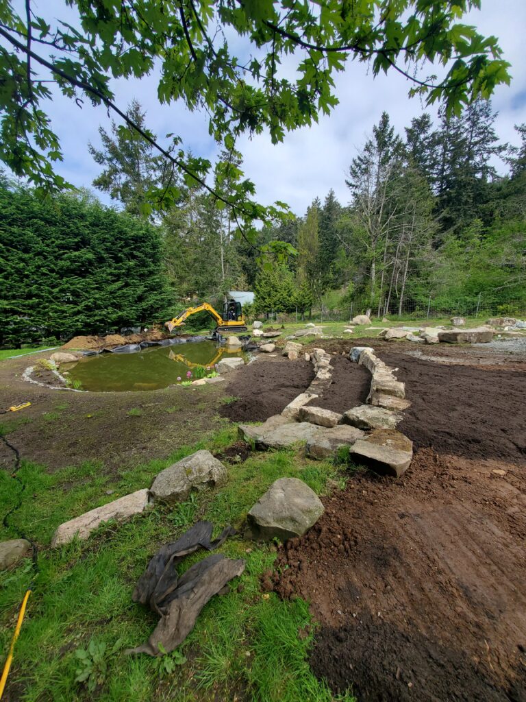 New pond under construction with stone edging